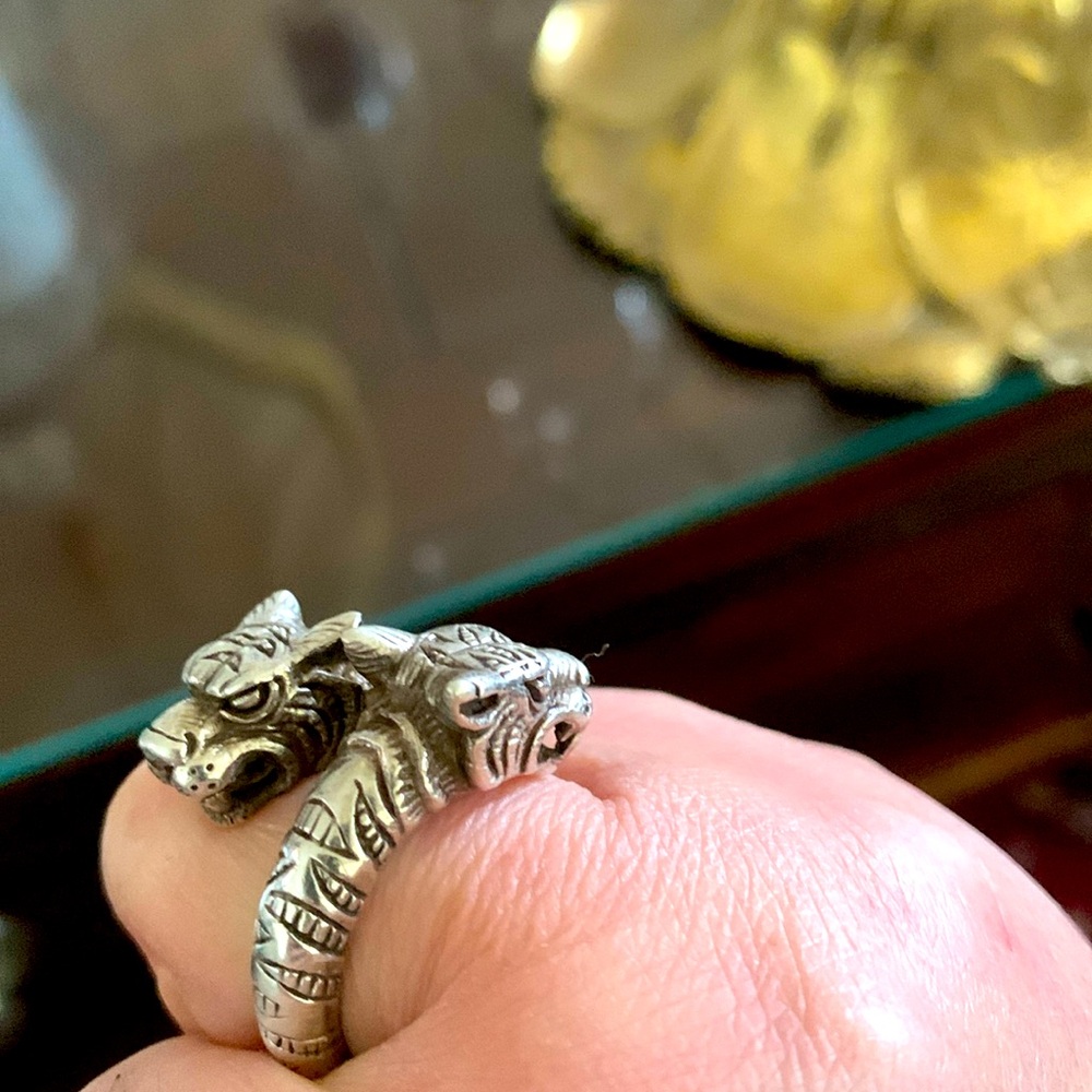 2 faces wolf sterling silver vintage heavy one. Rare 925.